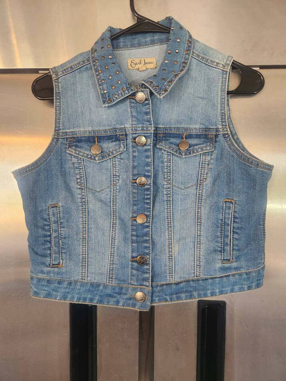 Earl Jean Women's Size S Blue Denim Jean Vest Sleeveless Cotton Blend Stretch